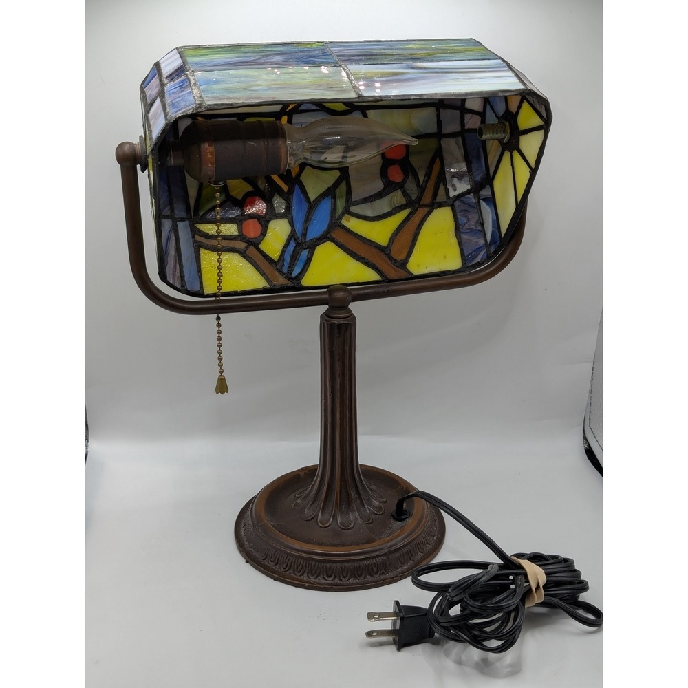 Vintage Stained Glass Tiffany Style Lamp Bird Slag Glass Desk Bronze Base 13"